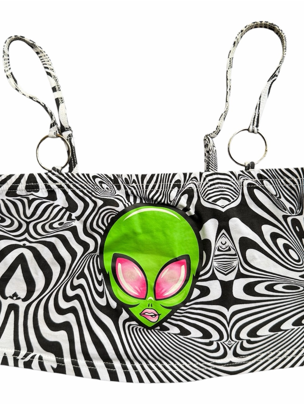 Dolls Kill Black & White Swirl Shoulder Bag with Neon Green Alien
